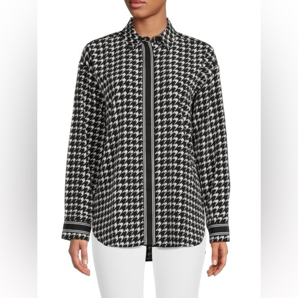 Karl Lagerfeld Paris Houndstooth Black White Button Up Blouse Size Small Womens - Picture 1 of 12
